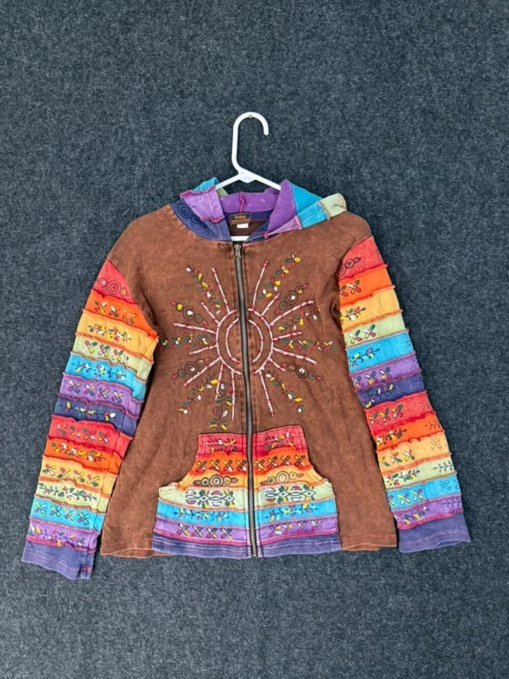 Rising International Womens M Brown Patchwork Embroidered Boho Zip Hoodie
